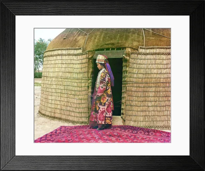 Framed Print : Full-length profile portrait of a woman, possibly Turkman or Kirgiz, standing... between 1905-1915. Creator: Sergey Mikhaylovich Prokudin-Gorsky Framed Print : Full-length profile portrait of a woman, possibly Turkman or Kirgiz, standing... between 1905-1915. Creator: Sergey Mikhaylovich Prokudin-Gorsky