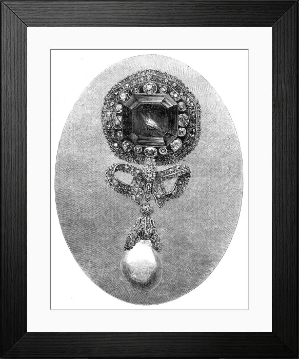 Framed Print : The International Exhibition: emerald and diamond brooch exhibited by Mr. Harry Emanuel, 1862. Creator: Unknown Framed Print : The International Exhibition: emerald and diamond brooch exhibited by Mr. Harry Emanuel, 1862. Creator: Unknown