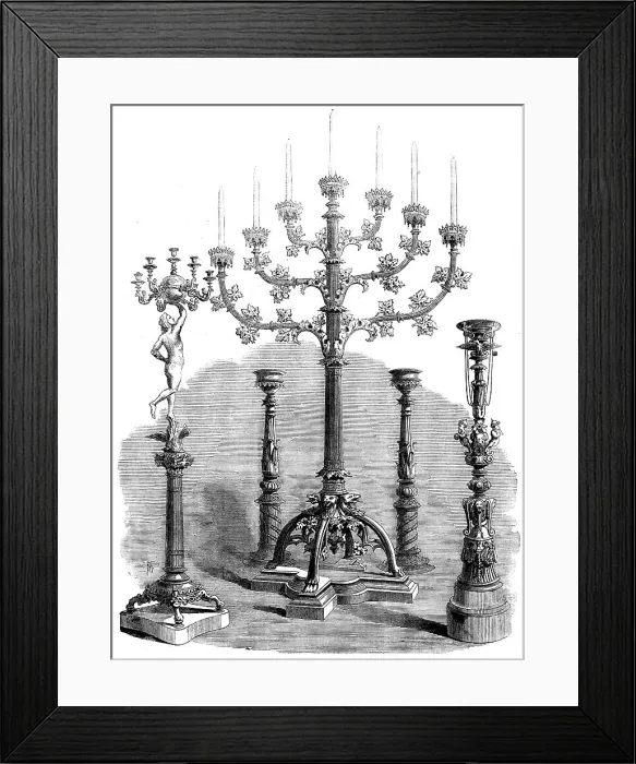 Framed Print : The International Exhibition: iron candelabra for churches, from the Royal Foundry, Berlin, 1862. Creator: Unknown Framed Print : The International Exhibition: iron candelabra for churches, from the Royal Foundry, Berlin, 1862. Creator: Unknown