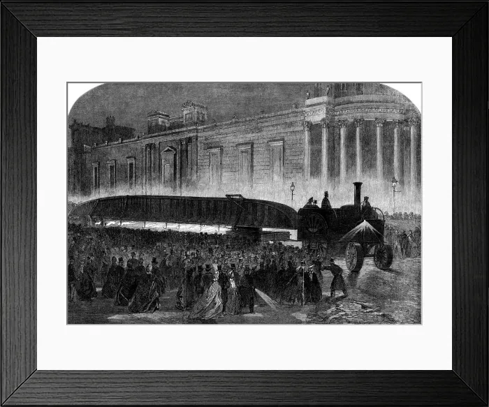 Framed Print : Bray's traction-engine drawing a girder...through the streets of London by night... 1862. Creator: Unknown Framed Print : Bray's traction-engine drawing a girder...through the streets of London by night... 1862. Creator: Unknown