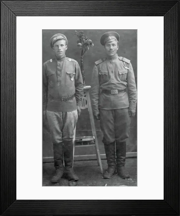 Framed Print : Two unknown soldiers. early 20th century. Creator: B. Gusak Framed Print : Two unknown soldiers. early 20th century. Creator: B. Gusak