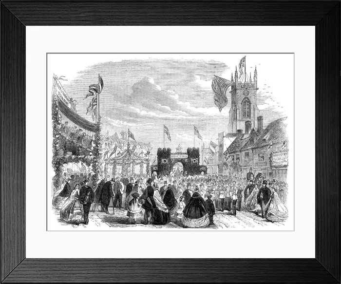 Framed Print : The Essex Agricultural Society's Show at Halstead: triumphal arch near the old church, 1862. Creator: Unknown Framed Print : The Essex Agricultural Society's Show at Halstead: triumphal arch near the old church, 1862. Creator: Unknown