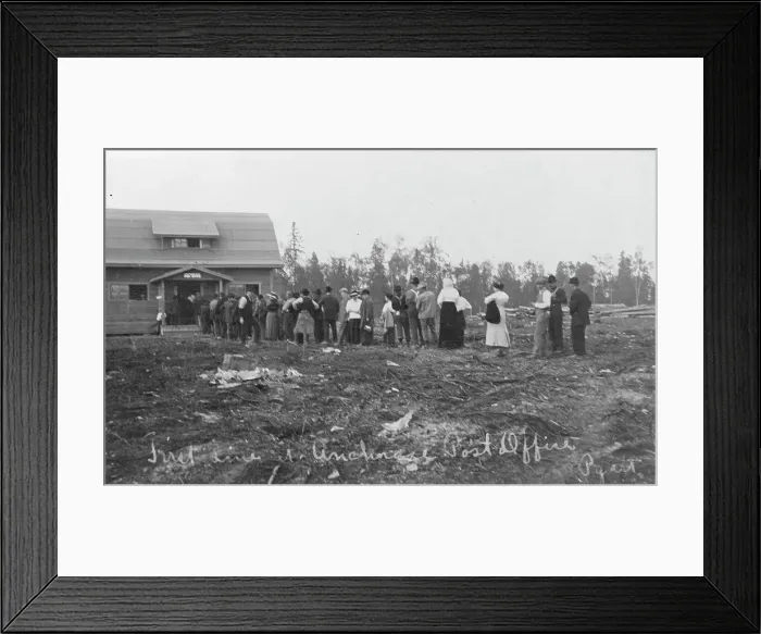 Framed Print : First line at Anchorage Post Office, between c1900 and c1930. Creator: Unknown Framed Print : First line at Anchorage Post Office, between c1900 and c1930. Creator: Unknown