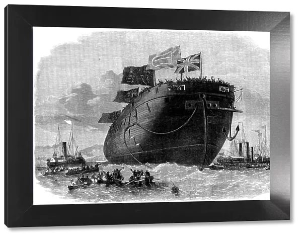 The new iron-clad fleet: launch at Chatham Dockyard of H.M.S. frigate Royal Oak, 50 guns, 1862. Creator: Unknown