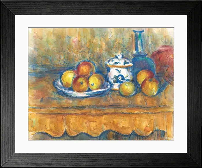 Framed Print : Still life with blue bottle, sugar bowl and apples, 1900-1906. Creator: Paul Cezanne Framed Print : Still life with blue bottle, sugar bowl and apples, 1900-1906. Creator: Paul Cezanne