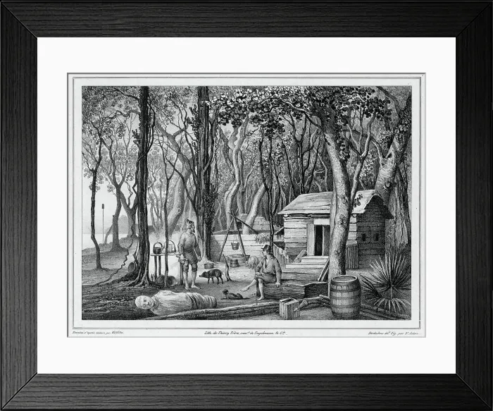 Framed Print : Dwelling of Two Shipwrecked Europeans in Port Lloyd of Peel Island, Bonin Islands, 19th century. Creators: Friedrich Heinrich Kittlitz, Victor Adam, Louis-Pierre-Alphonse Bichebois, Godefroy Engelmann Framed Print : Dwelling of Two Shipwrecked Europeans in Port Lloyd of Peel Island, Bonin Islands, 19th century. Creators: Friedrich Heinrich Kittlitz, Victor Adam, Louis-Pierre-Alphonse Bichebois, Godefroy Engelmann