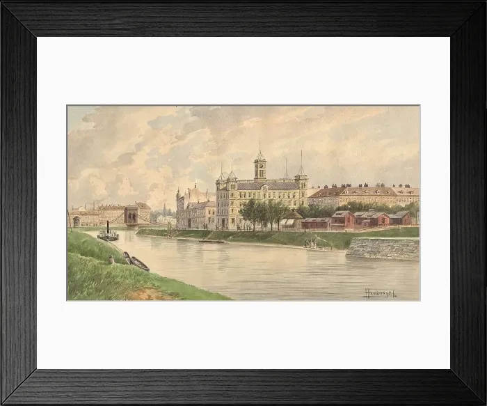 Framed Print : The Weissgärber Lände in Vienna with the Danube steamship building, 1895. Creator: Vincenz Havlicek Framed Print : The Weissgärber Lände in Vienna with the Danube steamship building, 1895. Creator: Vincenz Havlicek
