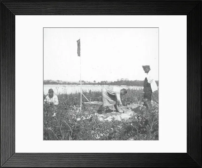 Framed Print : The moment of laying the benchmark on the river bank, 1909. Creator: Vladimir Ivanovich Fedorov Framed Print : The moment of laying the benchmark on the river bank, 1909. Creator: Vladimir Ivanovich Fedorov