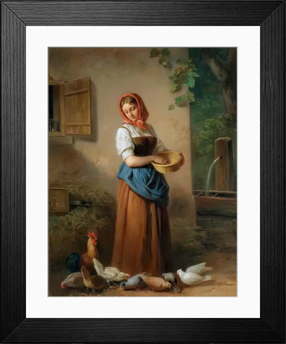 Framed Print : A girl feeding chickens and pigeons, around 1850 / 1855. Creator: Georg Decker Framed Print : A girl feeding chickens and pigeons, around 1850 / 1855. Creator: Georg Decker