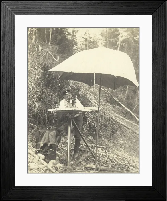 Framed Print : The moment of shooting with a mensula on a forest slope, 1909. Creator: Vladimir Ivanovich Fedorov Framed Print : The moment of shooting with a mensula on a forest slope, 1909. Creator: Vladimir Ivanovich Fedorov