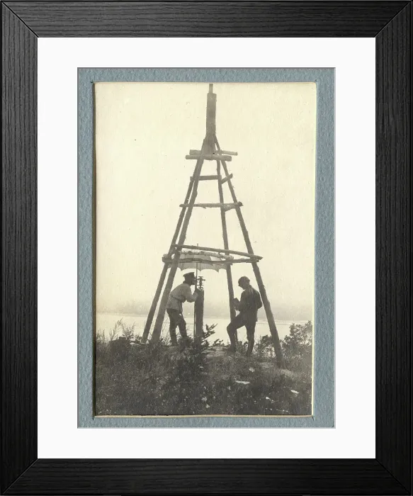 Framed Print : The moment of carrying out triangulation measurements under a tower on the river bank, 1909. Creator: Vladimir Ivanovich Fedorov Framed Print : The moment of carrying out triangulation measurements under a tower on the river bank, 1909. Creator: Vladimir Ivanovich Fedorov
