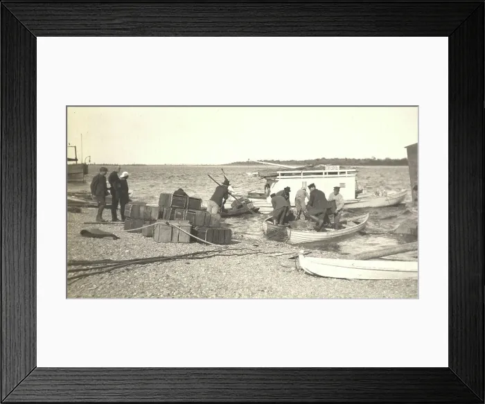 Framed Print : Unloading gasoline from boats on the Zee River during windy conditions, 1909. Creator: Vladimir Ivanovich Fedorov Framed Print : Unloading gasoline from boats on the Zee River during windy conditions, 1909. Creator: Vladimir Ivanovich Fedorov