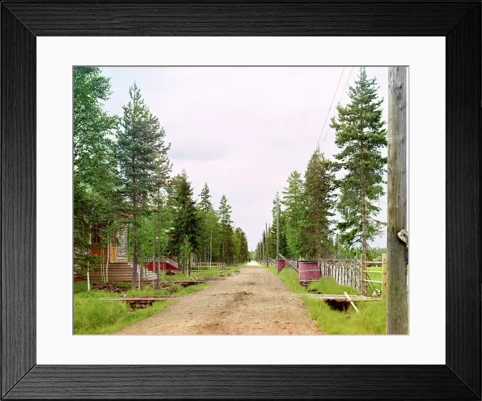 Framed Print : Factory lane and school, Kovzha [Russian Empire], 1909. Creator: Sergey Mikhaylovich Prokudin-Gorsky