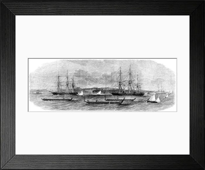 Framed Print : View of Auckland Harbour, New Zealand...the race of the Maori war-canoes, 1862. Creator: Unknown Framed Print : View of Auckland Harbour, New Zealand...the race of the Maori war-canoes, 1862. Creator: Unknown