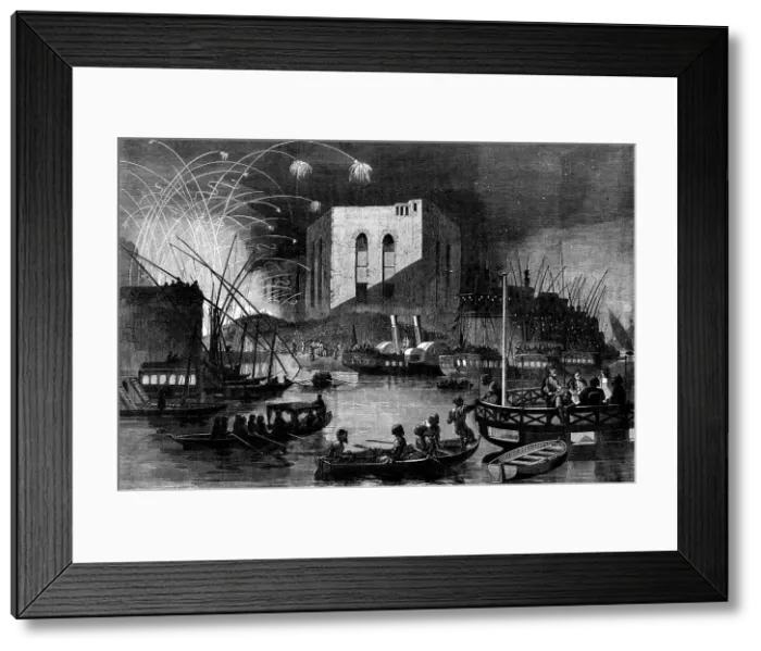 Framed Print : A night scene on the Nile near the mouth of the Cairo canal, during the festival of Gebr... 1862. Creator: Unknown Framed Print : A night scene on the Nile near the mouth of the Cairo canal, during the festival of Gebr... 1862. Creator: Unknown