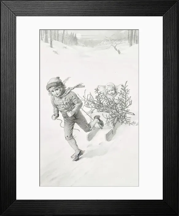Framed Print : Two children driving through a winter landscape, c1900. Creator: Carl Froschl Framed Print : Two children driving through a winter landscape, c1900. Creator: Carl Froschl