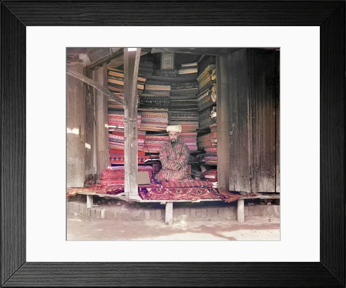 Framed Print : Fabric merchant, Samarkand, between 1905 and 1915. Creator: Sergey Mikhaylovich Prokudin-Gorsky Framed Print : Fabric merchant, Samarkand, between 1905 and 1915. Creator: Sergey Mikhaylovich Prokudin-Gorsky