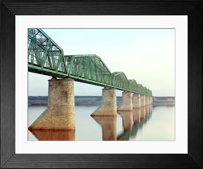 Framed Print : Trans-Siberian Railway metal truss bridge on stone piers, over the Kama River near Perm... c1910. Creator: Sergey Mikhaylovich Prokudin-Gorsky Framed Print : Trans-Siberian Railway metal truss bridge on stone piers, over the Kama River near Perm... c1910. Creator: Sergey Mikhaylovich Prokudin-Gorsky