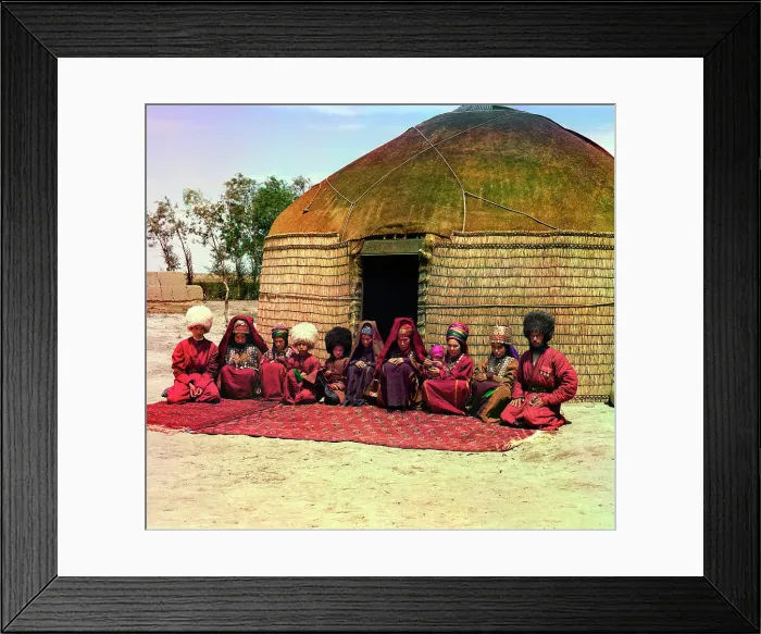 Framed Print : Group of eleven adults and children, seated on a rug, in front of a yurt, between 1905 and 1915. Creator: Sergey Mikhaylovich Prokudin-Gorsky Framed Print : Group of eleven adults and children, seated on a rug, in front of a yurt, between 1905 and 1915. Creator: Sergey Mikhaylovich Prokudin-Gorsky