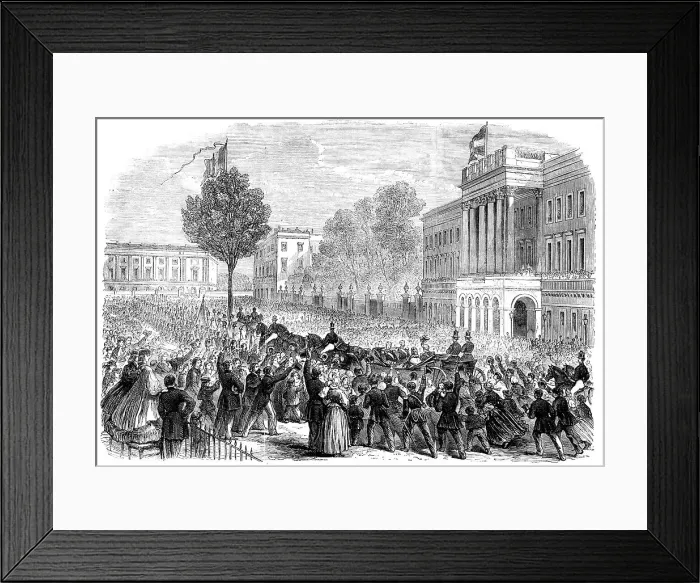 Framed Print : King Leopold's public entry into Brussels...arrival of His Majesty at the palace... 1862. Creator: Unknown Framed Print : King Leopold's public entry into Brussels...arrival of His Majesty at the palace... 1862. Creator: Unknown
