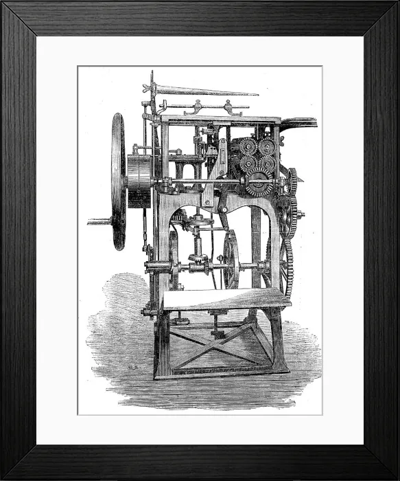 Framed Print : The International Exhibition: Gruner's patent folding, stitching and pressing machine, 1862. Creator: Unknown Framed Print : The International Exhibition: Gruner's patent folding, stitching and pressing machine, 1862. Creator: Unknown