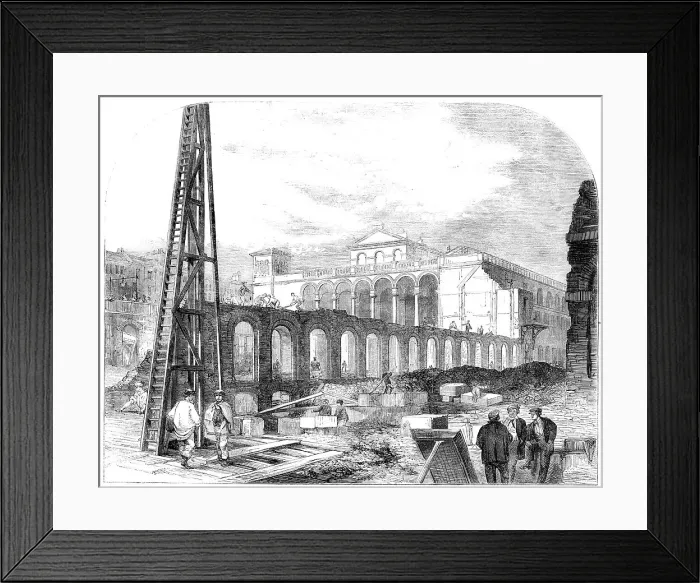 Framed Print : Demolition of Hungerford Market to make room for the Charing-Cross Railway Station, 1862. Creator: Unknown Framed Print : Demolition of Hungerford Market to make room for the Charing-Cross Railway Station, 1862. Creator: Unknown