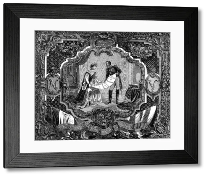 Framed Print : The International Exhibition: the Treaty of Commerce Screen Carpet, by T. Tapling... 1862. Creator: Unknown Framed Print : The International Exhibition: the Treaty of Commerce Screen Carpet, by T. Tapling... 1862. Creator: Unknown