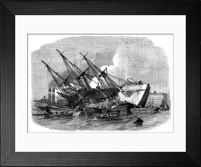 Framed Print : Raising the iron ship Ganges, sunk in the Thames off Shadwell, 1862. Creator: Unknown Framed Print : Raising the iron ship Ganges, sunk in the Thames off Shadwell, 1862. Creator: Unknown