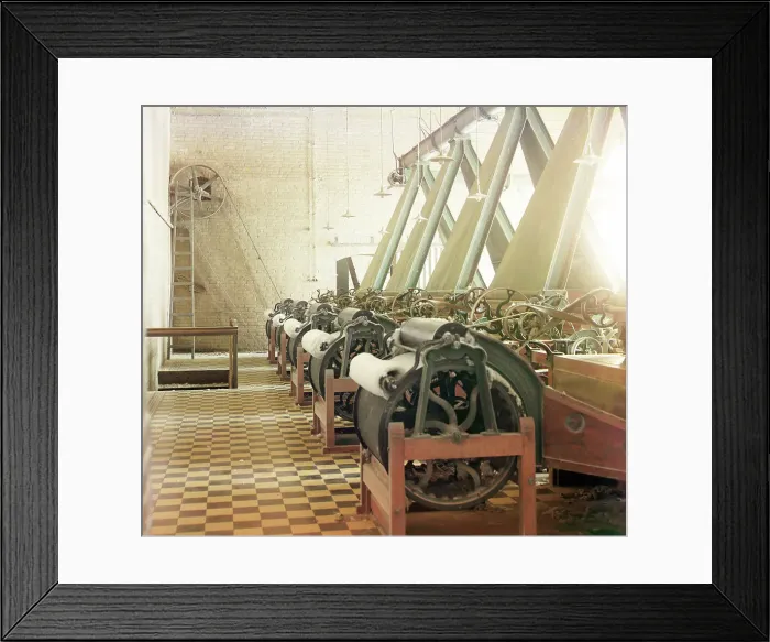 Framed Print : Cotton textile mill interior with machines producing cotton thread... between 1905 and 1915. Creator: Sergey Mikhaylovich Prokudin-Gorsky Framed Print : Cotton textile mill interior with machines producing cotton thread... between 1905 and 1915. Creator: Sergey Mikhaylovich Prokudin-Gorsky