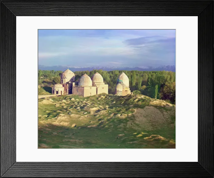 Framed Print : General view of the Shakh-i Zindeh mosque (evening photo), Samarkand, between 1905 and 1915. Creator: Sergey Mikhaylovich Prokudin-Gorsky