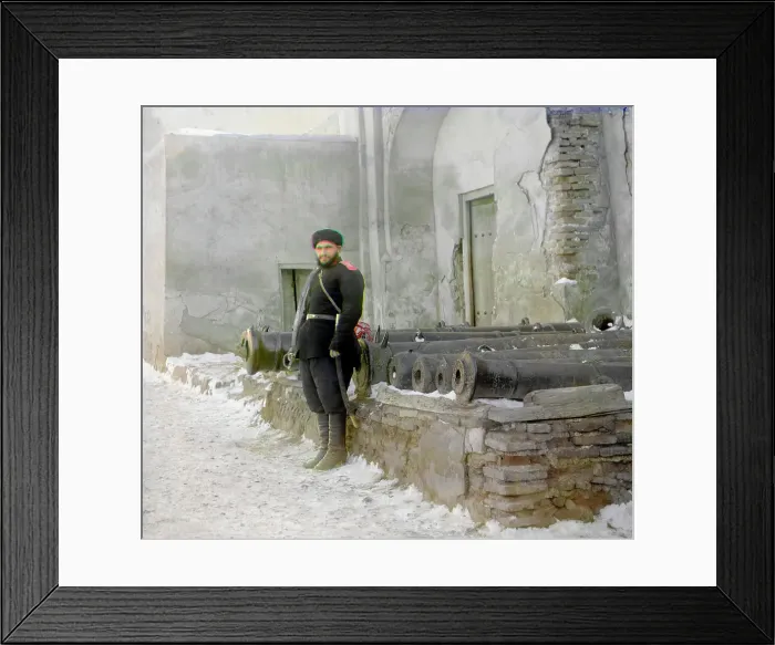 Framed Print : Sentry at the palace, and old cannons, Bukhara, between 1905 and 1915. Creator: Sergey Mikhaylovich Prokudin-Gorsky Framed Print : Sentry at the palace, and old cannons, Bukhara, between 1905 and 1915. Creator: Sergey Mikhaylovich Prokudin-Gorsky