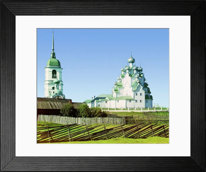 Framed Print : Church of Our Savior and the Protection of the Mother of God, Vytegorskii graveyard, 1909. Creator: Sergey Mikhaylovich Prokudin-Gorsky Framed Print : Church of Our Savior and the Protection of the Mother of God, Vytegorskii graveyard, 1909. Creator: Sergey Mikhaylovich Prokudin-Gorsky