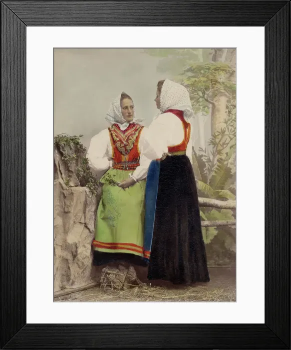 Framed Print : Two young women pose in folk costumes, with dotted headdresses, 1886-1890. Creator: Helene Edlund Framed Print : Two young women pose in folk costumes, with dotted headdresses, 1886-1890. Creator: Helene Edlund