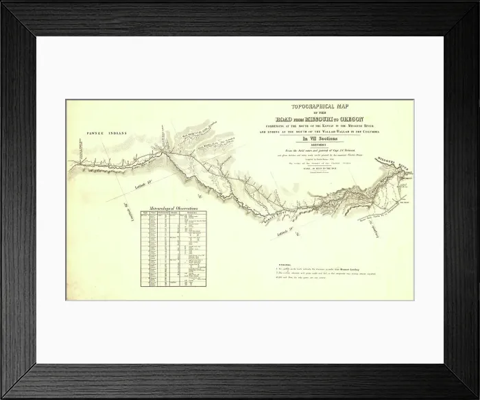 Framed Print : Topographical map of the road from Missouri to Oregon, commencing at the mouth of the Kansas...1846 Creators: John C Fremont, Charles Preuss Framed Print : Topographical map of the road from Missouri to Oregon, commencing at the mouth of the Kansas...1846 Creators: John C Fremont, Charles Preuss