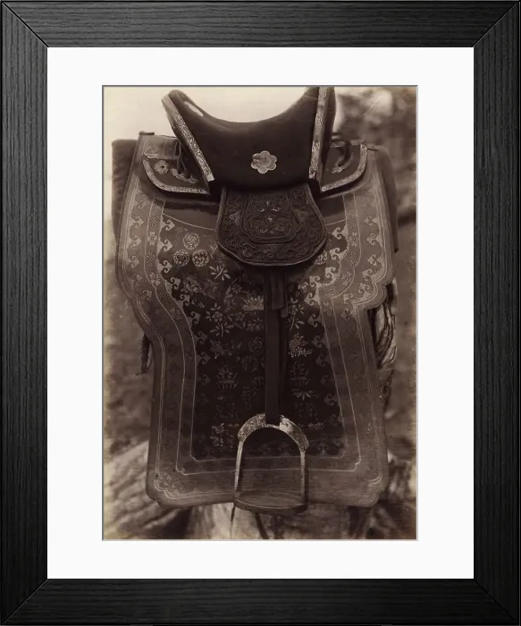 Framed Print : Saddle with Chinese Saddle-Cloth and Silver Mongolia Engraving over Iron, 1897. Creator: Unknown