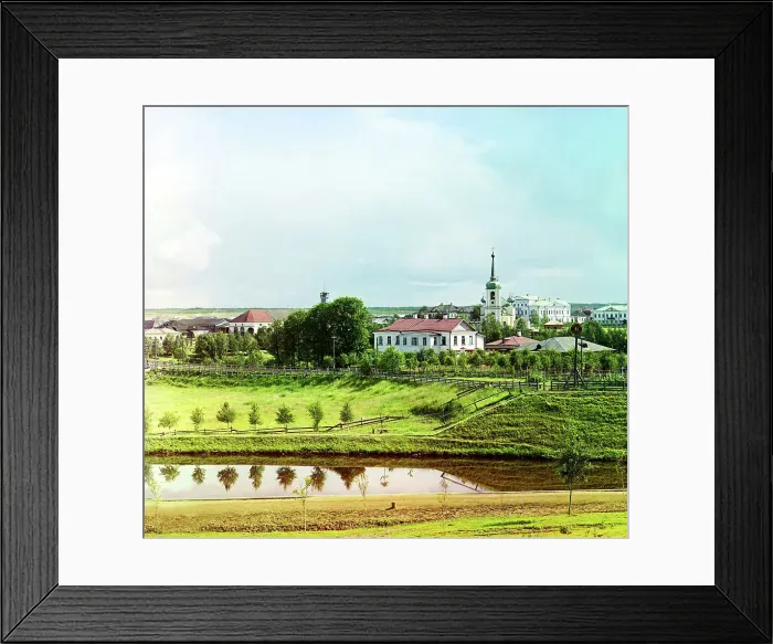 Framed Print : View of the city of Vytegra from a hill [Russian Empire], 1909. Creator: Sergey Mikhaylovich Prokudin-Gorsky