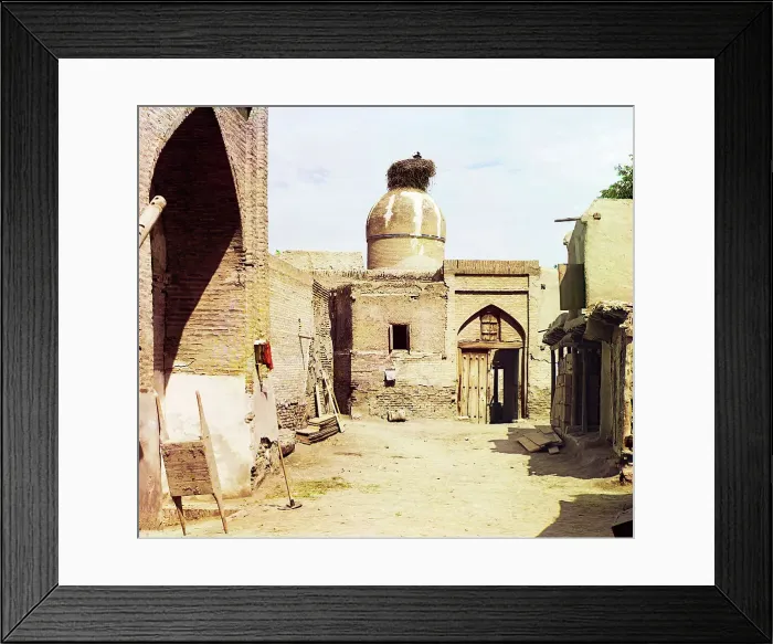 Framed Print : View of a courtyard, adobe buildings, and a bird's nest atop a dome, between 1905 and 1915. Creator: Sergey Mikhaylovich Prokudin-Gorsky Framed Print : View of a courtyard, adobe buildings, and a bird's nest atop a dome, between 1905 and 1915. Creator: Sergey Mikhaylovich Prokudin-Gorsky