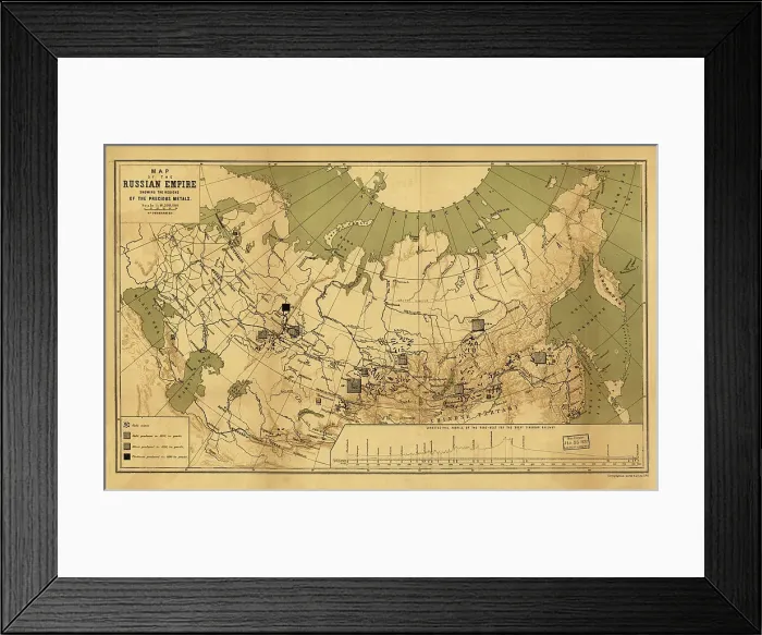Framed Print : Map of the Russian Empire showing the regions of the precious metals, 1890. Creator: A. Jlyne Framed Print : Map of the Russian Empire showing the regions of the precious metals, 1890. Creator: A. Jlyne