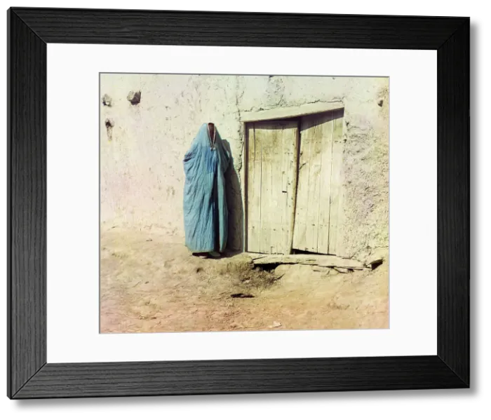 Framed Print : Woman in purdah, standing near wooden door, between 1905 and 1915. Creator: Sergey Mikhaylovich Prokudin-Gorsky Framed Print : Woman in purdah, standing near wooden door, between 1905 and 1915. Creator: Sergey Mikhaylovich Prokudin-Gorsky