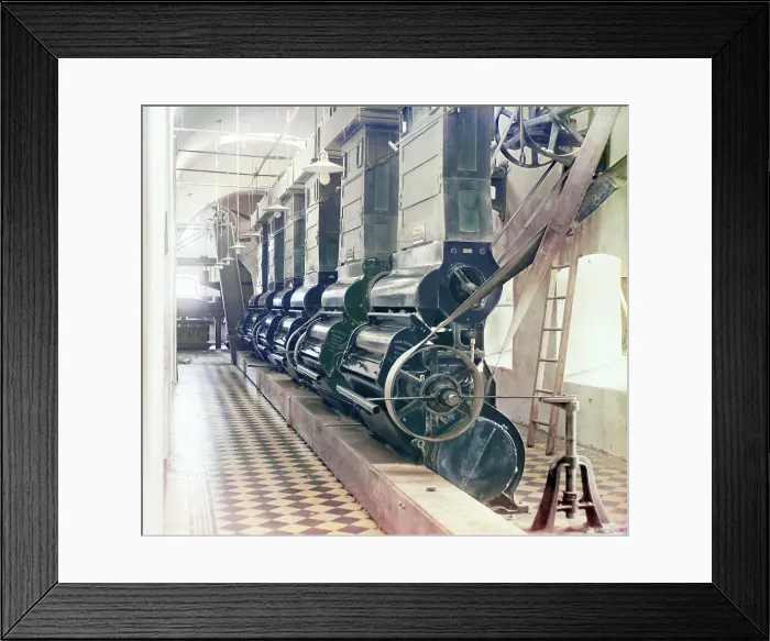 Framed Print : Cotton gin (?), in interior of mill, probably in Tashkent, between 1905 and 1915. Creator: Sergey Mikhaylovich Prokudin-Gorsky