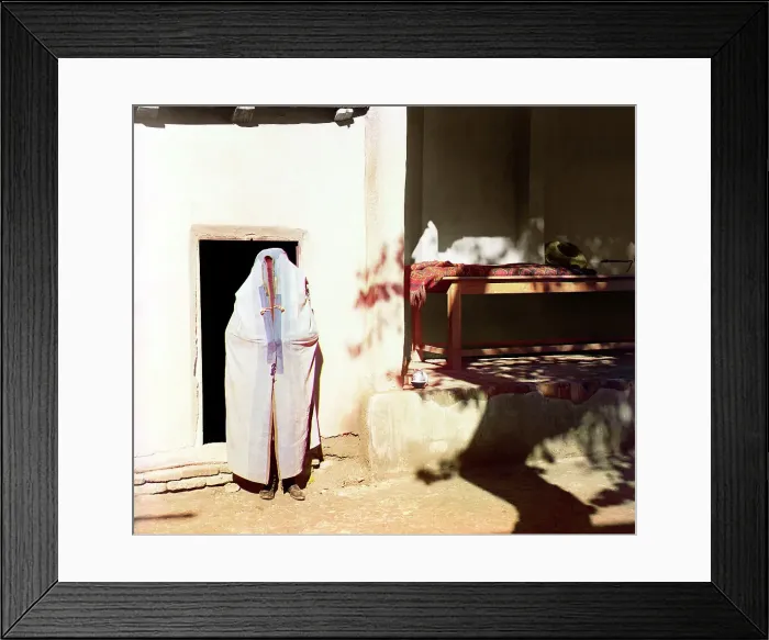 Framed Print : Woman in purdah, standing in front of doowrway, between 1905 and 1915. Creator: Sergey Mikhaylovich Prokudin-Gorsky Framed Print : Woman in purdah, standing in front of doowrway, between 1905 and 1915. Creator: Sergey Mikhaylovich Prokudin-Gorsky