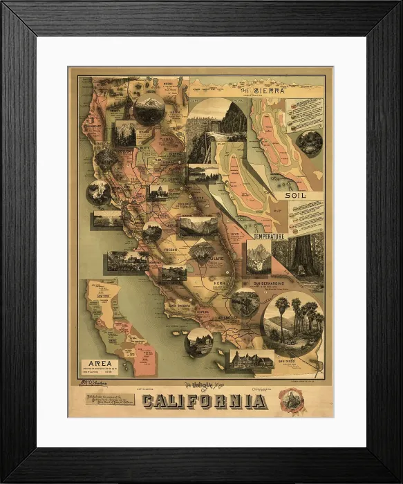 Framed Print : The unique map of California, 1888. Creator: E. McD. Johnstone