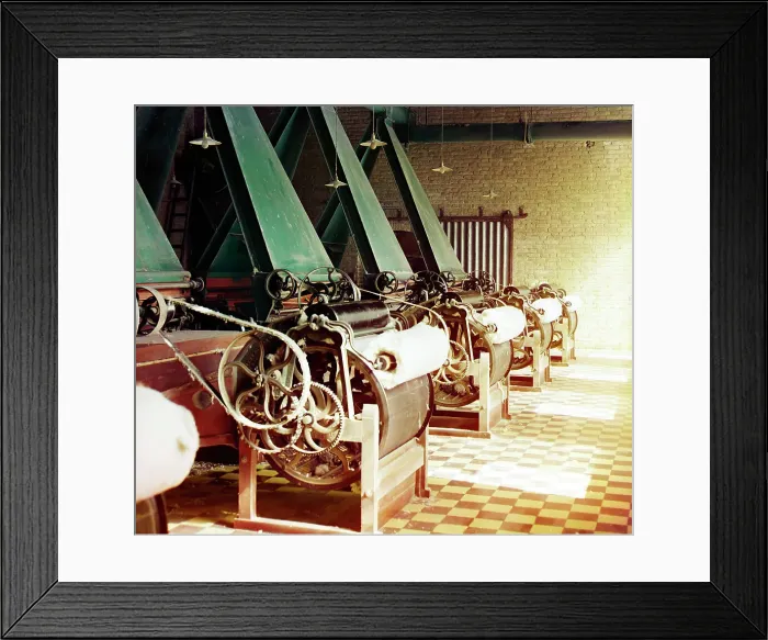 Framed Print : Cotton textile mill interior with machines producing cotton thread, probably... between 1905-1915. Creator: Sergey Mikhaylovich Prokudin-Gorsky Framed Print : Cotton textile mill interior with machines producing cotton thread, probably... between 1905-1915. Creator: Sergey Mikhaylovich Prokudin-Gorsky