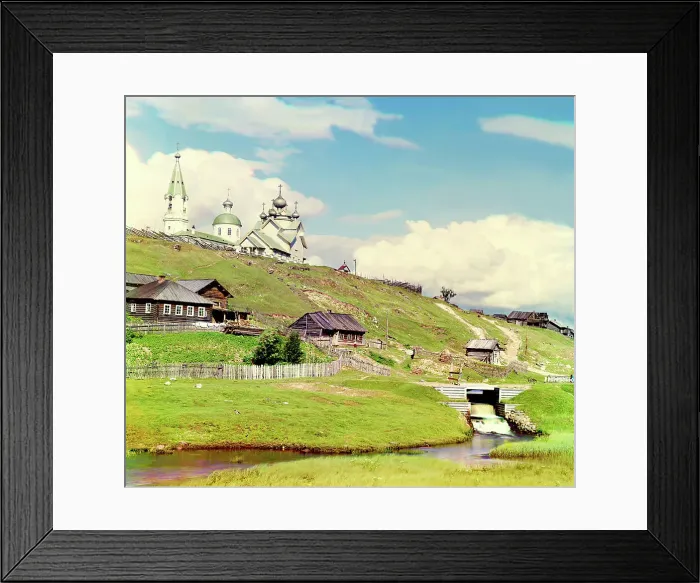 Framed Print : Village of Deviatiny and the Saint Boris dam [Russian Empire], 1909. Creator: Sergey Mikhaylovich Prokudin-Gorsky