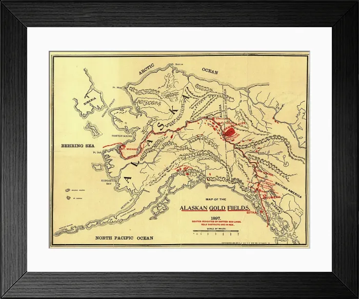 Framed Print : Map of the Alaskan gold fields, 1897. Creator: T. S. Lee Framed Print : Map of the Alaskan gold fields, 1897. Creator: T. S. Lee