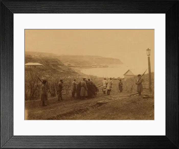 Framed Print : Exiled Captives Carting Manure at Korsakov Post in Southern Sakhalin, 1880-1899. Creator: Innokenty Ignatievich Pavlovsky Framed Print : Exiled Captives Carting Manure at Korsakov Post in Southern Sakhalin, 1880-1899. Creator: Innokenty Ignatievich Pavlovsky