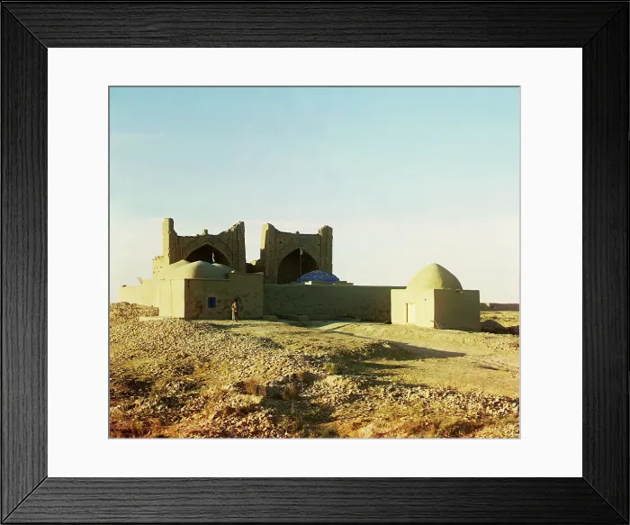 Framed Print : Walled adobe structure with domes and arches in desert area, with man posed... between 1905-1915. Creator: Sergey Mikhaylovich Prokudin-Gorsky Framed Print : Walled adobe structure with domes and arches in desert area, with man posed... between 1905-1915. Creator: Sergey Mikhaylovich Prokudin-Gorsky