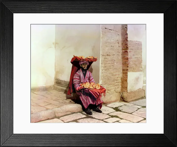 Framed Print : Flatbreads vendor, Samarkand, between 1905 and 1915. Creator: Sergey Mikhaylovich Prokudin-Gorsky Framed Print : Flatbreads vendor, Samarkand, between 1905 and 1915. Creator: Sergey Mikhaylovich Prokudin-Gorsky