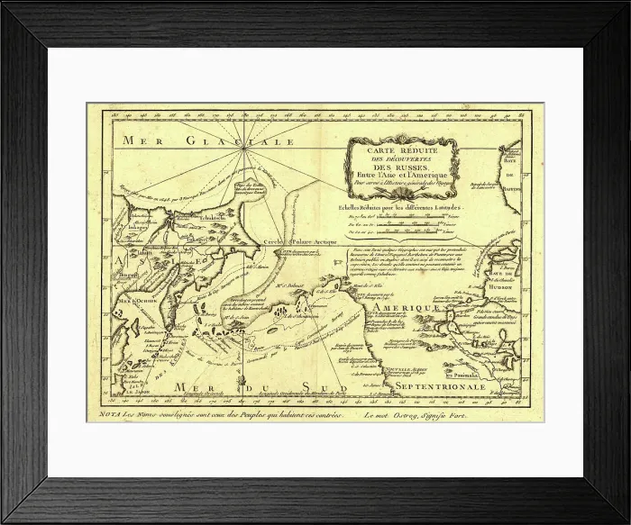 Framed Print : Carte re´duite des de´couvertes des Russes, entre l'Asie et l'Amerique, (1747?). Creator: Jacques-Nicolas Bellin Framed Print : Carte re´duite des de´couvertes des Russes, entre l'Asie et l'Amerique, (1747?). Creator: Jacques-Nicolas Bellin