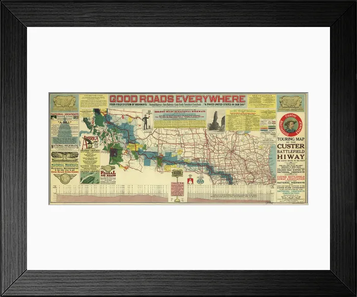 Framed Print : Touring map of the Custer Battlefield Hiway: the scenic route to the west, 1925. Creators: John C. Mulford, C. C. Faunce Framed Print : Touring map of the Custer Battlefield Hiway: the scenic route to the west, 1925. Creators: John C. Mulford, C. C. Faunce